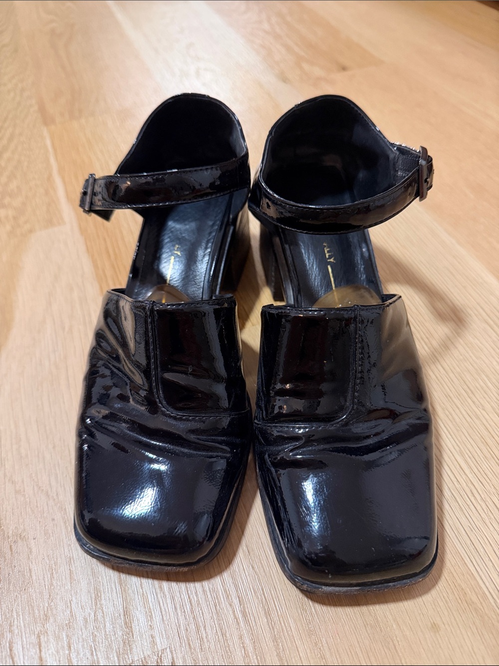 INTENTIONALLY BLANK Black Patent Square-Toe Ankle-Strap Heels